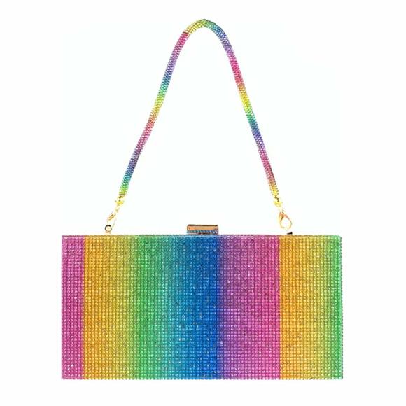Van Caro Rainbow Evening Clutch Bag, Rhinestone Colorful Square Box B) - Picture 1 of 7